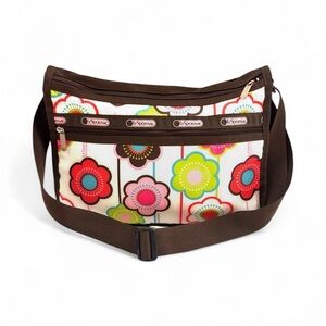 LeSportsac White & Brown Colorful Floral Crossbody Zip Nylon Hobo Bag Purse
